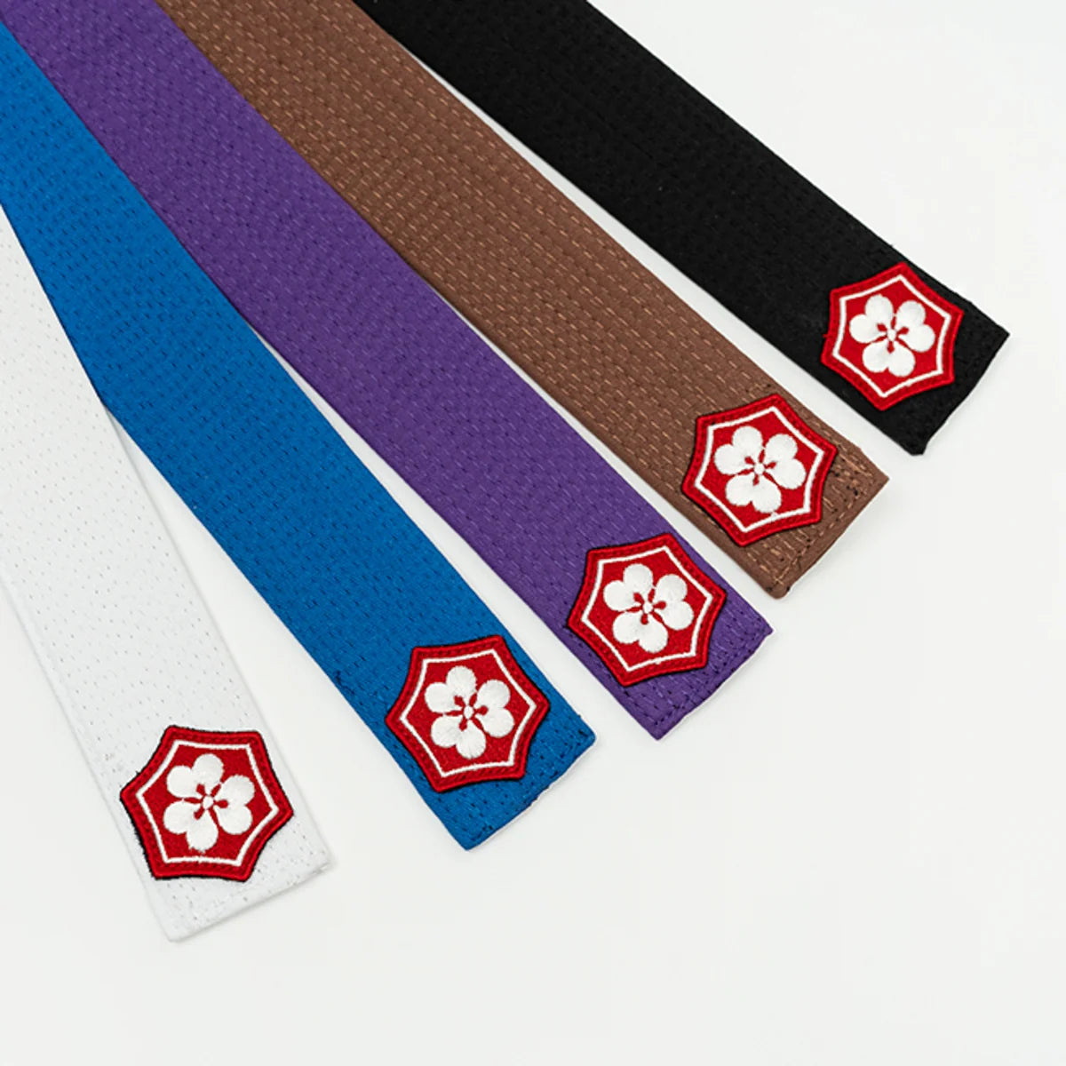KANJI AIR BJJ belts in black, brown, purple, blue, and white on a white background