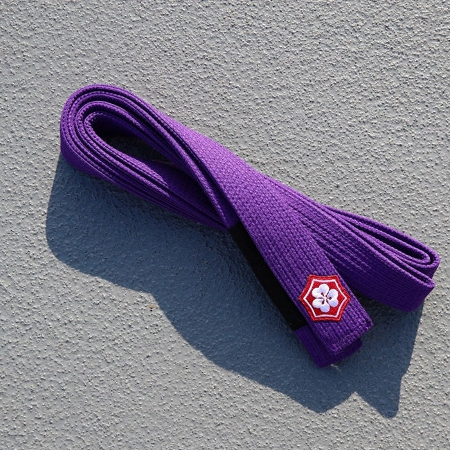 Purple KANJI KAZE BJJ belt with a black rank bar folded on concrete