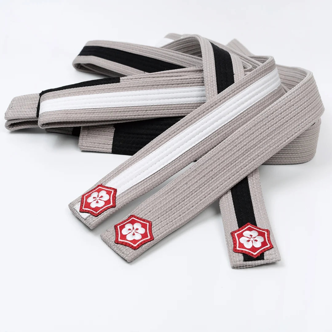 Gray KANJI TANTO youth BJJ belts with white and black rank bars