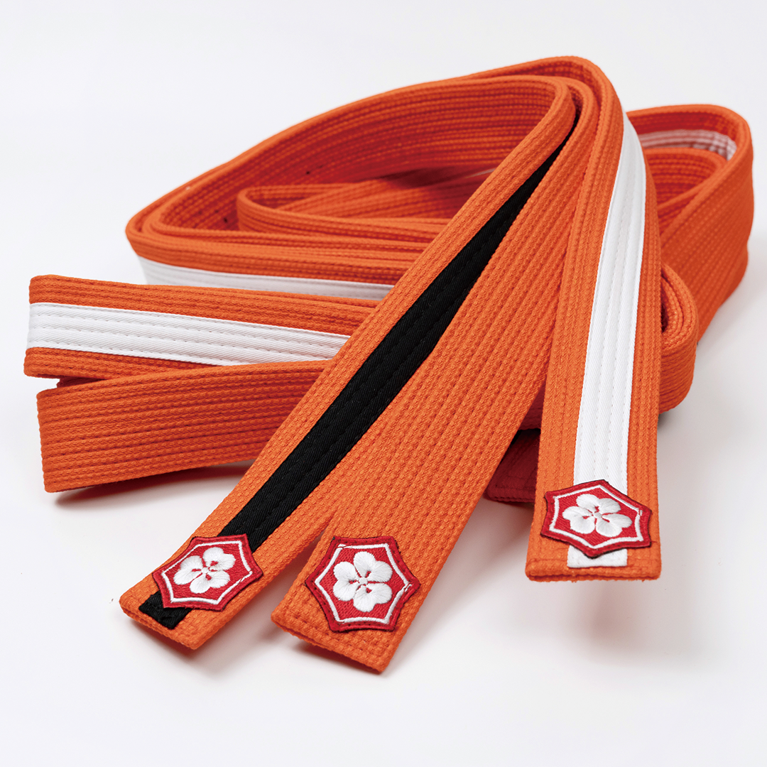 Orange KANJI TANTO youth BJJ belts with white and black rank bars