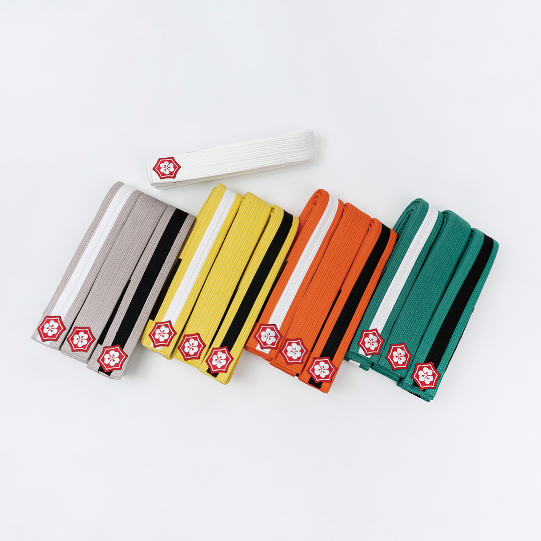 KANJI TANTO youth BJJ belts in white, gray, yellow, orange, and green
