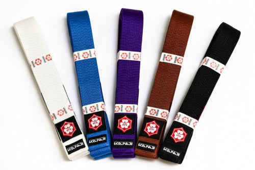 KANJI Original BJJ belts in white, blue, purple, brown, and black with branded end patches