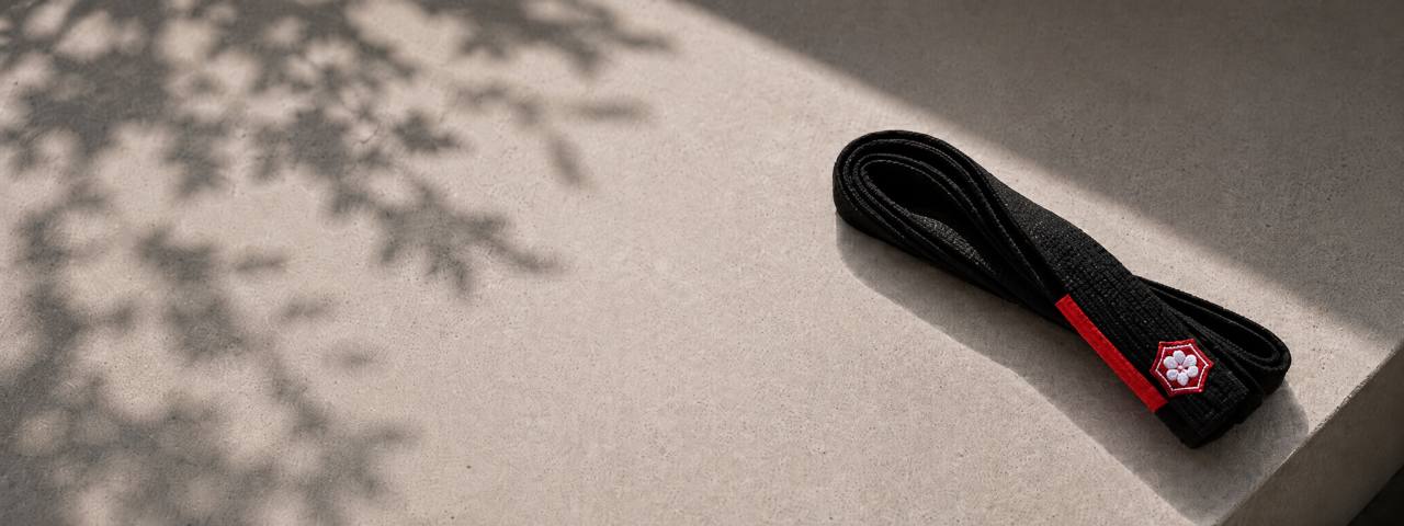 Black Kanjibrand belt on a sunlit training surface